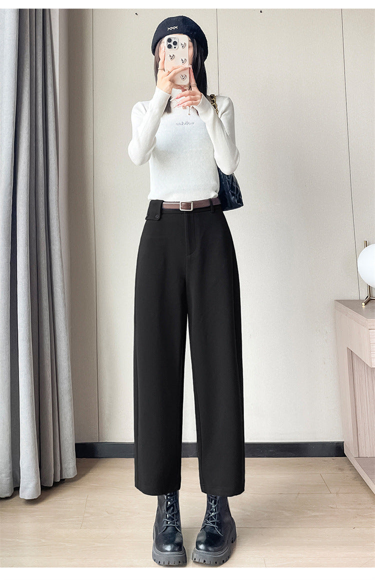 Autumn and Winter New High-waisted Nine-point Straight-leg Woolen Pants with Fleece Harlan Boots Casual Pants for Women