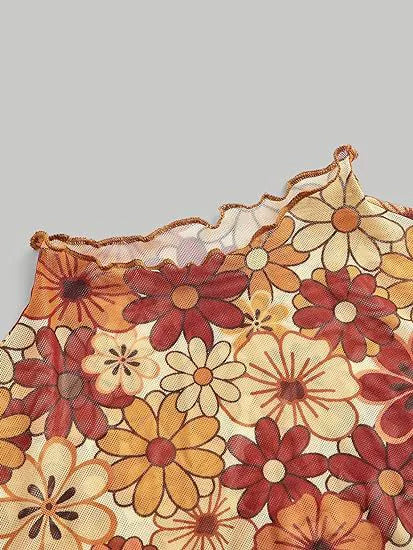 Women's Trumpet Sleeves Top with Lettuce Edging and Flower Mesh - Perfect for Open Navel T-shirt Look!