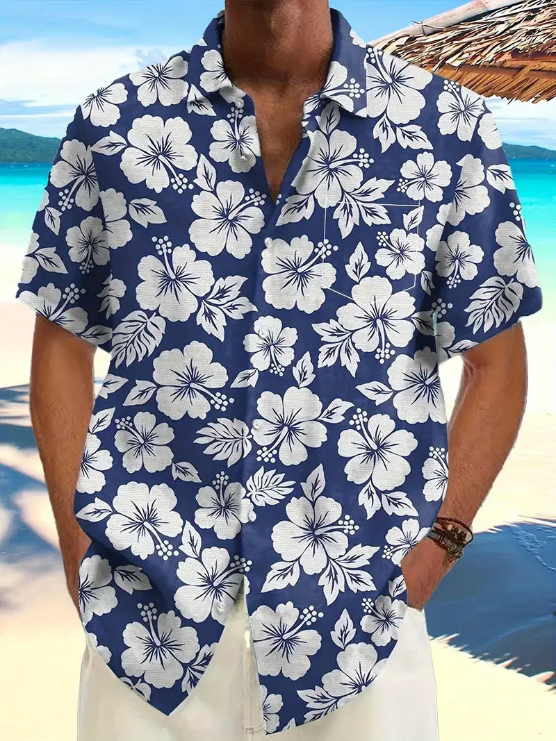 Capsule Wardrobe Essential | Sustainable Hawaiian Shirts | Unisex Cropped Sleeve Beach Tops with AI-Enhanced Floral Patterns