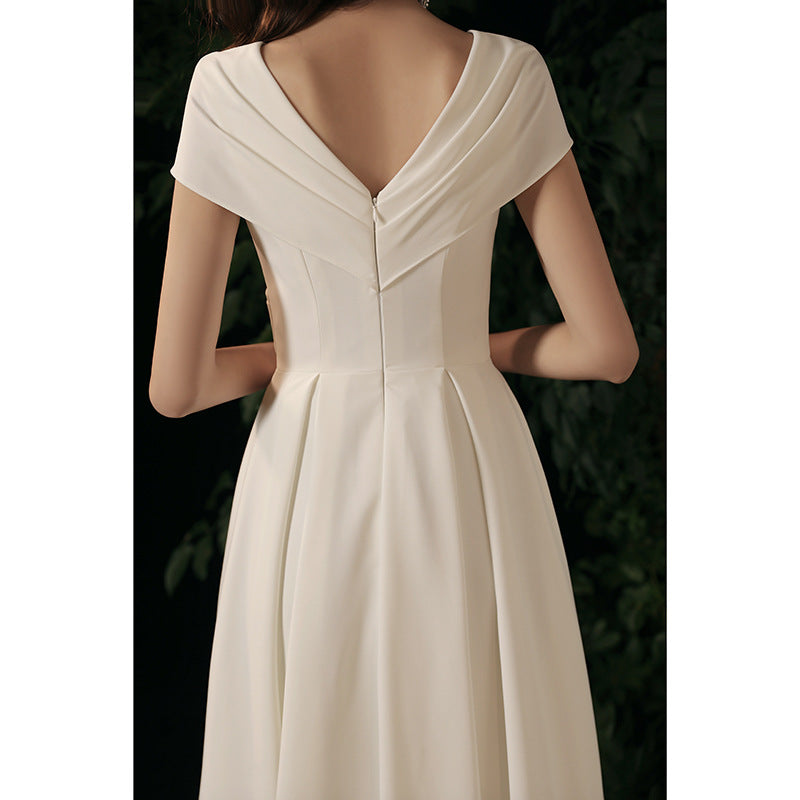 White Annual Meeting Evening Dress New Spring and Winter Banquet Temperament Satin Wedding Certificate Travel Photo Light Wedding Dress V-neck