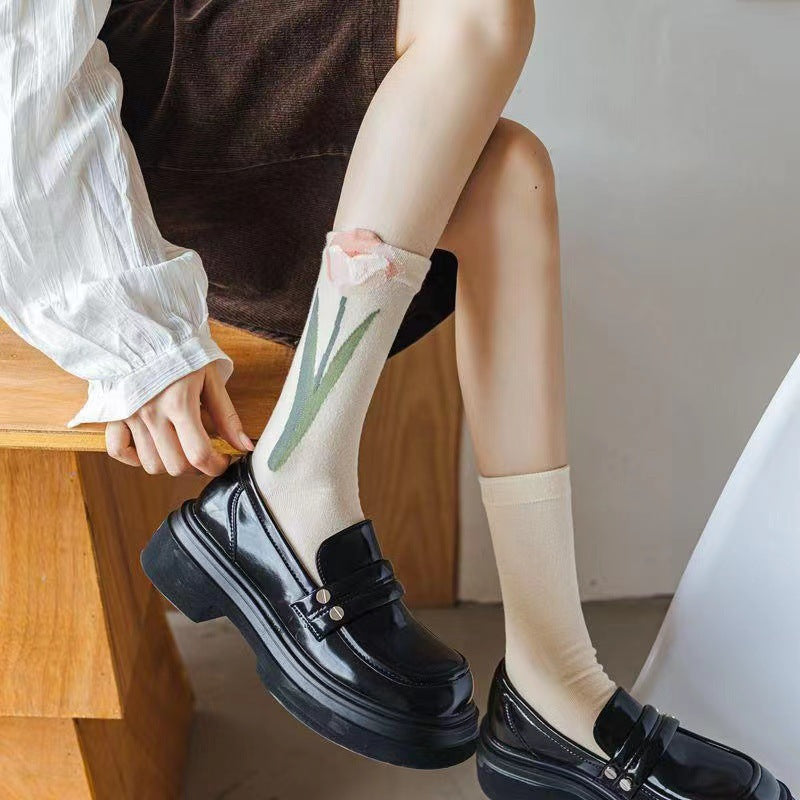Socks Women's Autumn and Winter Long Socks Mori Tulips Versatile Women's Stacking Socks Flower Series Spring and Summer Long Tube