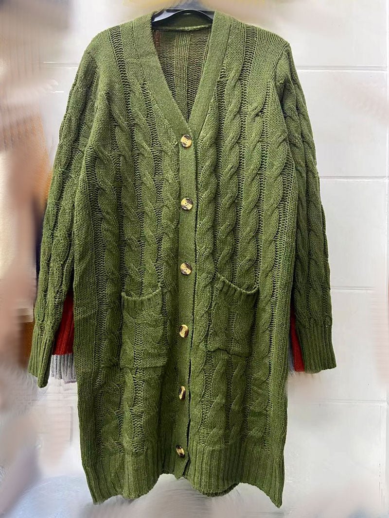 Autumn and Winter New Single-breasted Twist Pocket Solid Color Knitted Long Sweater Cardigan Jacket