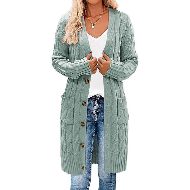Autumn and Winter New Single-breasted Twist Pocket Solid Color Knitted Long Sweater Cardigan Jacket