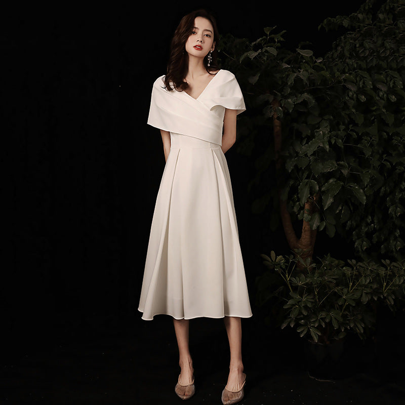 White Annual Meeting Evening Dress New Spring and Winter Banquet Temperament Satin Wedding Certificate Travel Photo Light Wedding Dress V-neck