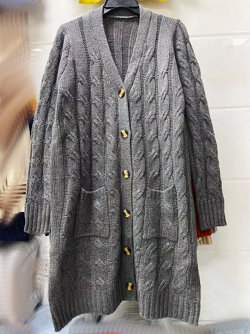 Autumn and Winter New Single-breasted Twist Pocket Solid Color Knitted Long Sweater Cardigan Jacket