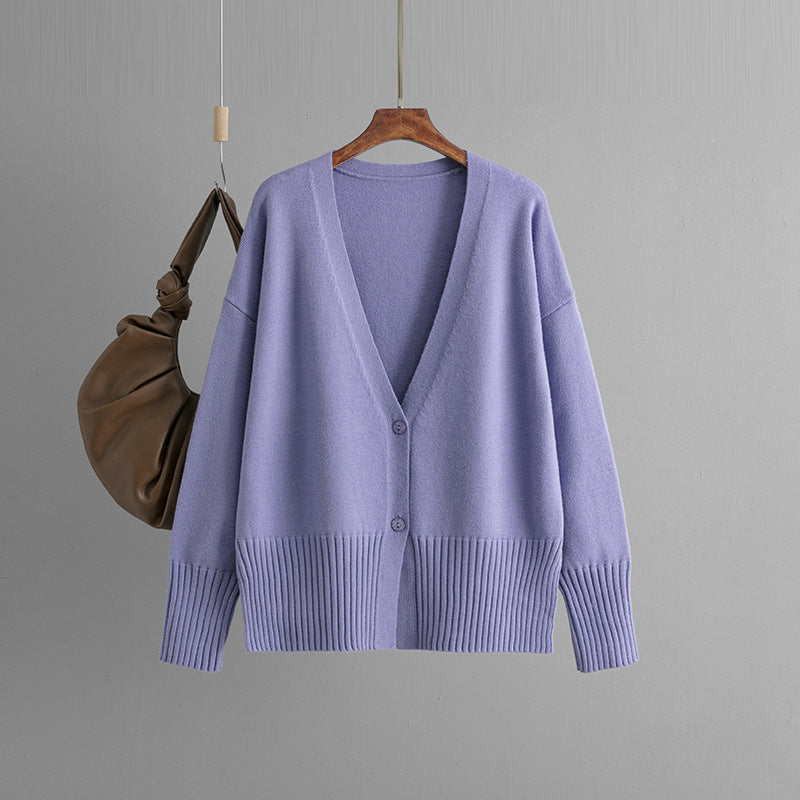 2024 autumn and winter new V-neck knitted cardigan solid color loose sweater jacket top