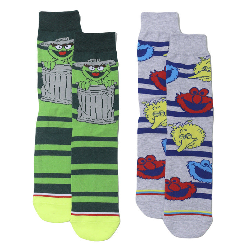 Wholesale Men's Cartoon Socks Cotton Medium Tube Tide Socks Sesame Street Cute Women Ins Socks-5PRS