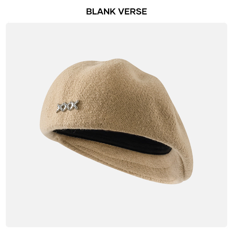 Autumn and Winter New Metal Standard Beret Children Big Head Circumference Show Face Small Reverse Wear Woolen Forward Hat