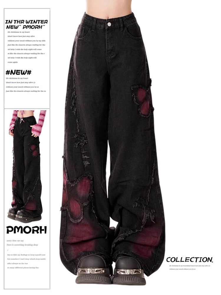 Winter thickened butterfly burr jeans women's autumn and winter design sense high waist narrow version wide leg straight pants