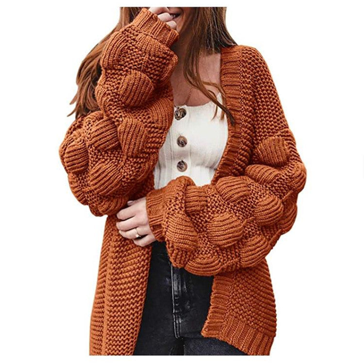 Cardigan Sweater Cross-border New Knitted Sweater Amazon Autumn and Winter Medium and Long Bubble Ball Loose Coat Women's Clothing