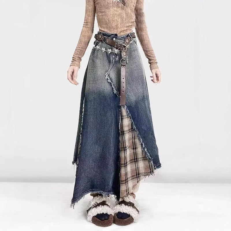 Vintage Grunge Plaid Maxi Skirt: Distressed Raw-Hem High Waist A-Line Thin Y2K Indie Fashion