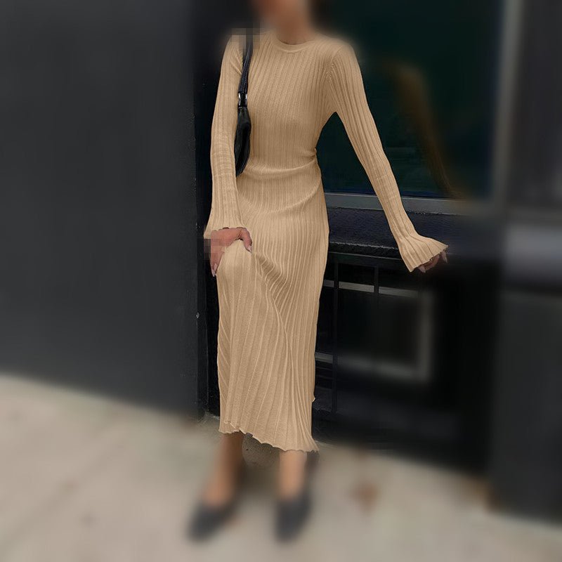 Autumn and Winter New Knitted Dress Casual Waist V-neck Large Pit Strip Thin Knitted Dress Women