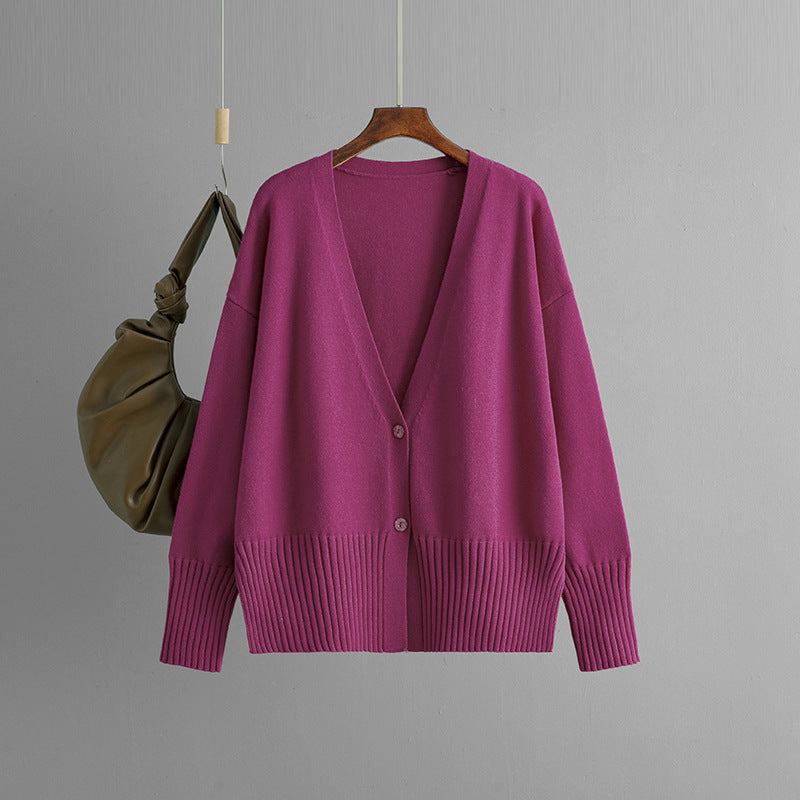 2024 autumn and winter new V-neck knitted cardigan solid color loose sweater jacket top