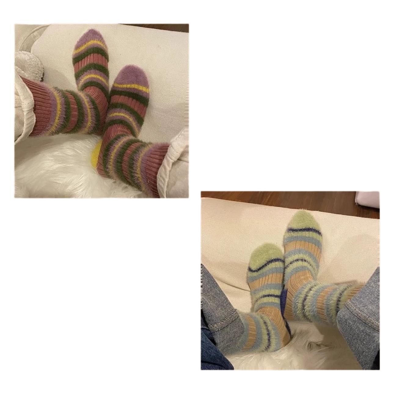 5PRS-Thick Stripes Color Matching Contrasting Imitation Mink Fluffy Socks Sweet Warm Women's Mid-tube Socks