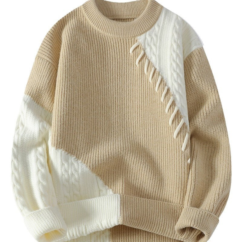Contrasting Color Crew Neck Pullover Sweater Men's Spring Autumn Winter New Knitted Loose Casual Long-sleeved Bottoming