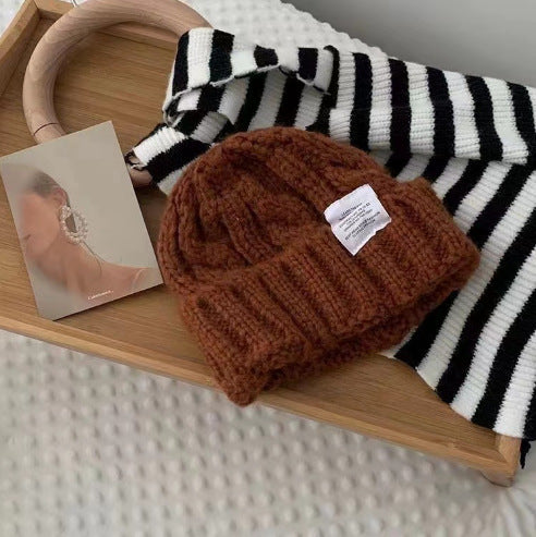 2PCS- Women's Rough Knitted Hat-Autumn and Winter Versatile Big Head Circumference Green Loose Ins Tide Shows Small Face