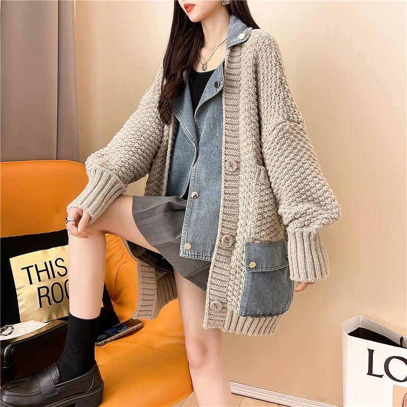 Autumn New Lazy Style Fake Two Pieces Design Loose Knitted Sweater Jacket Cardigan