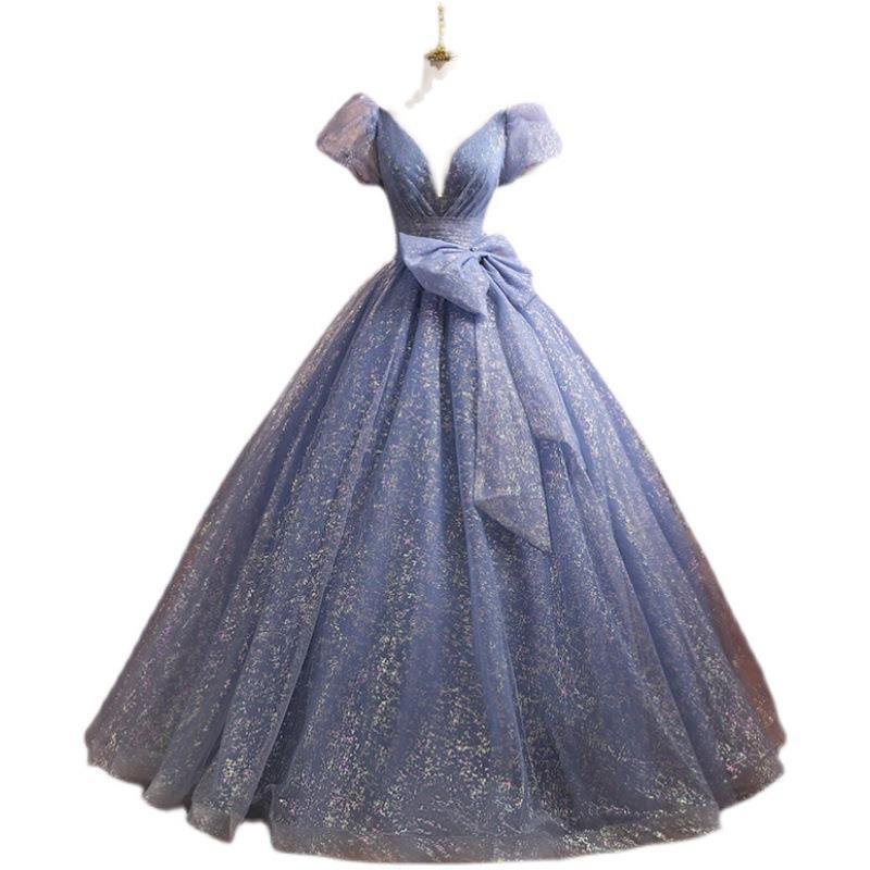 Blue Evening Dress Dress Female New Temperament Socialite Banquet Performance Host Art Exam Vocal Dress Looks Thin