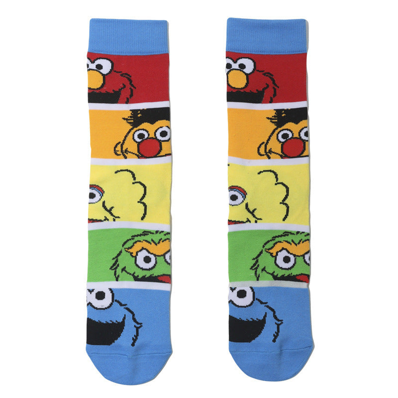 Wholesale Men's Cartoon Socks Cotton Medium Tube Tide Socks Sesame Street Cute Women Ins Socks-5PRS