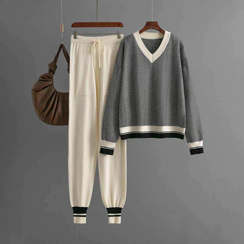 Autumn and winter new sweater set knitted striped V-neck large size loose long-sleeved commuter two-piece set