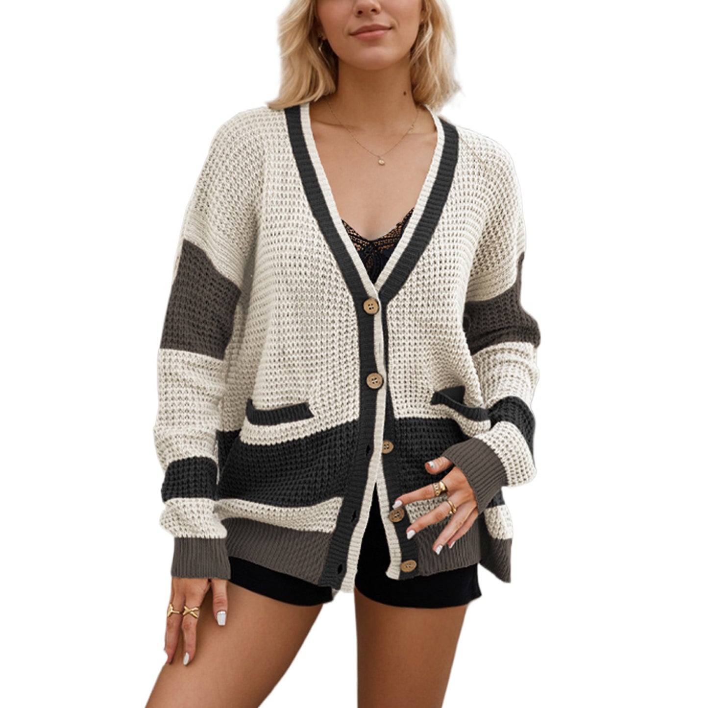 Autumn and Winter Hot Sale Knitted Jacket V-neck Large Size Pocket Color Matching Cardigan Sweater Women