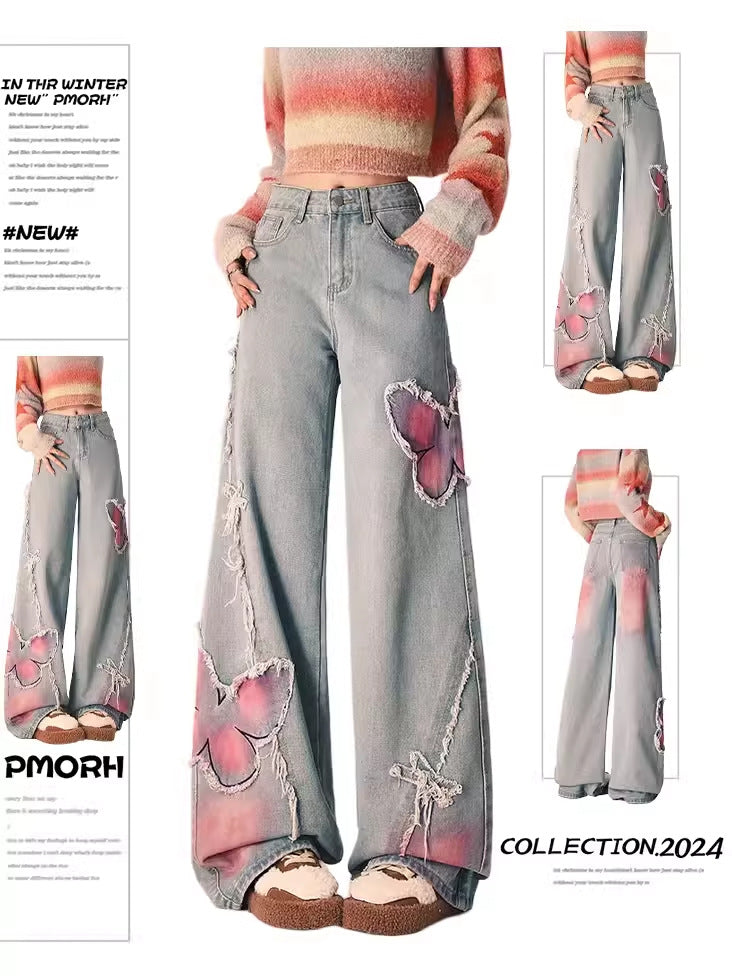 Winter thickened butterfly burr jeans women's autumn and winter design sense high waist narrow version wide leg straight pants