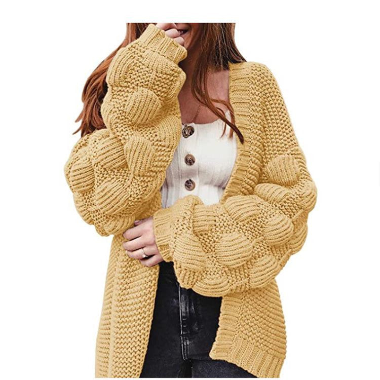 Cardigan Sweater New Knitted Sweater Autumn and Winter Long Cute Ball Loose Thick Coat Women