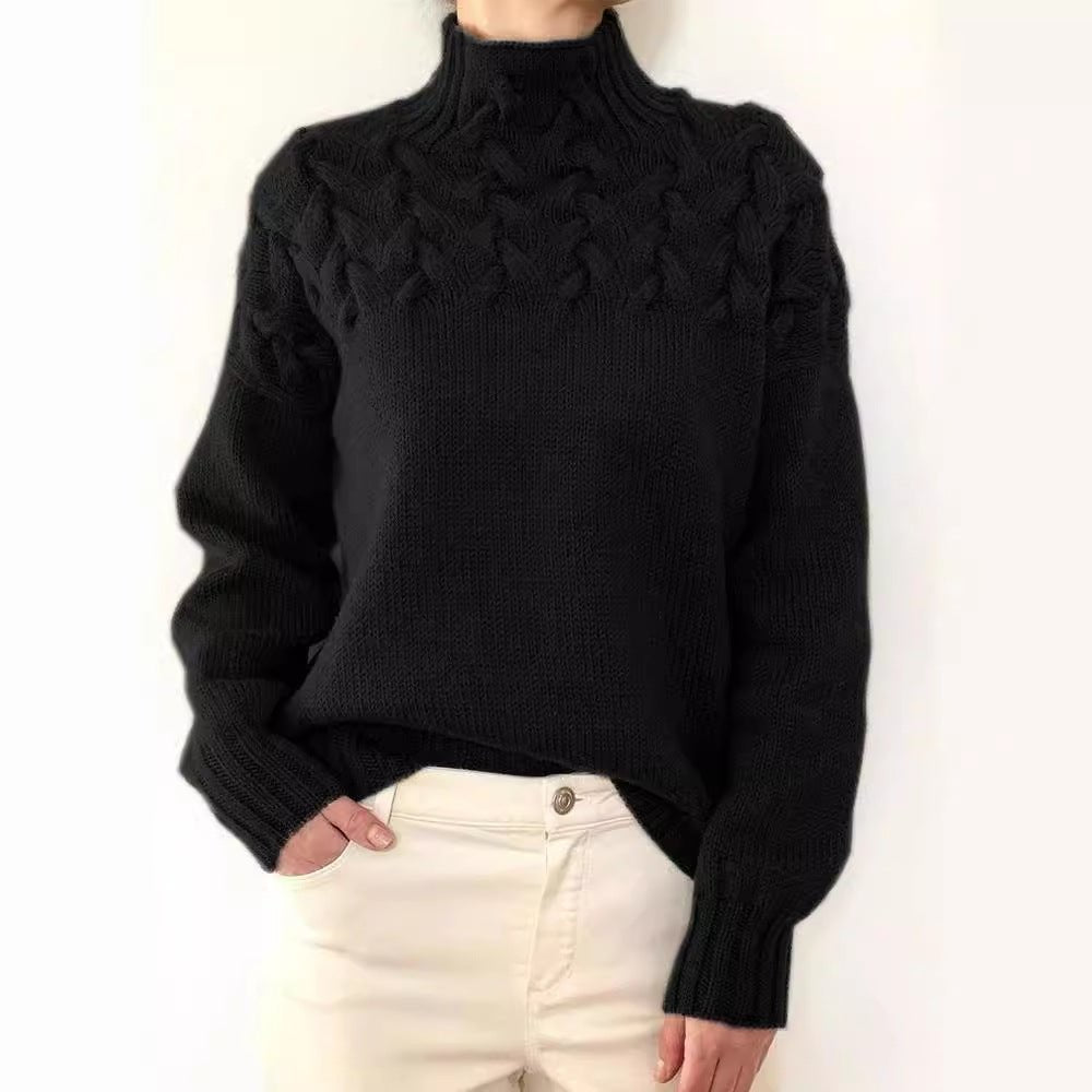 Women's Fashion Cable Knitted Detail Turtleneck Long Sleeve Sweater Women