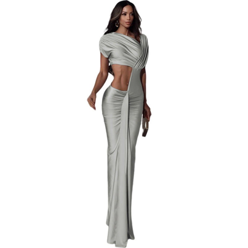 Sexy Slim-Fit Bodycon Evening Dress with High Slit & Midriff Cutout - Curve-Hugging Party Gown