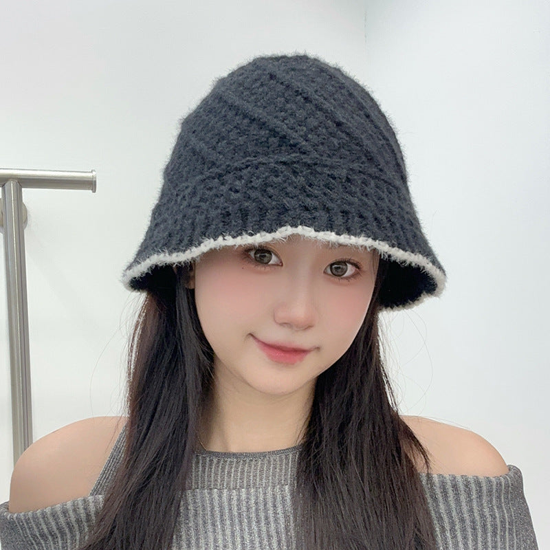 Retro Wool Hat Autumn and Winter Women's Warm Ear Protection Versatile Face Small Color Matching Warm Knitted Bucket Hat