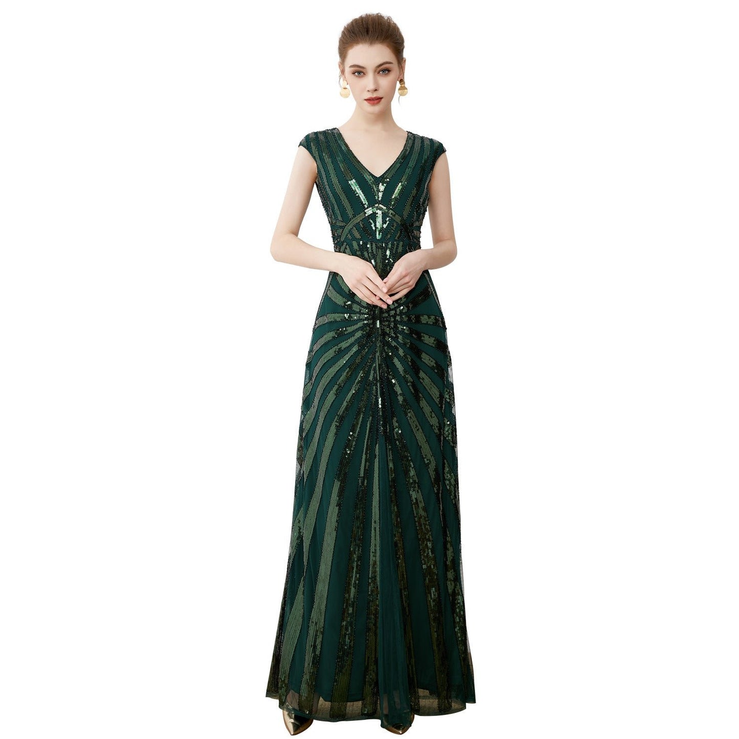 Vintage banquet dark green long sequined evening dress plus size bridesmaid wedding dress deep V elegant dress long dress