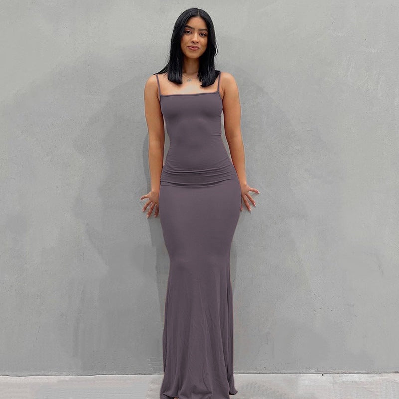2025 Solid Color Women's Dress Slim Peach Hip Suspender Long Fishtail Skirt