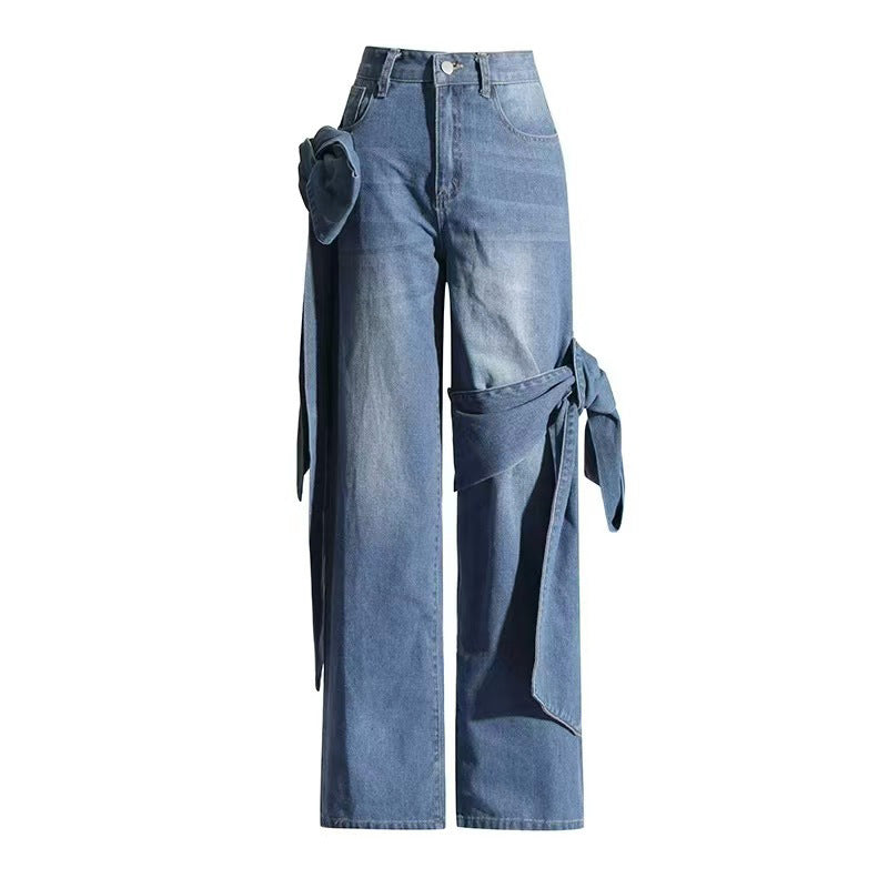 Women's Patch Pocket Jeans High Waist and Butterfly Tie Design Street Casual Style Solid Color Wide Leg Pants