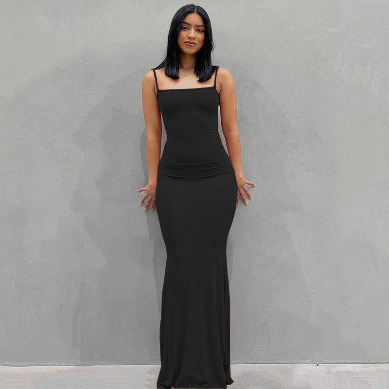 2025 Solid Color Women's Dress Slim Peach Hip Suspender Long Fishtail Skirt