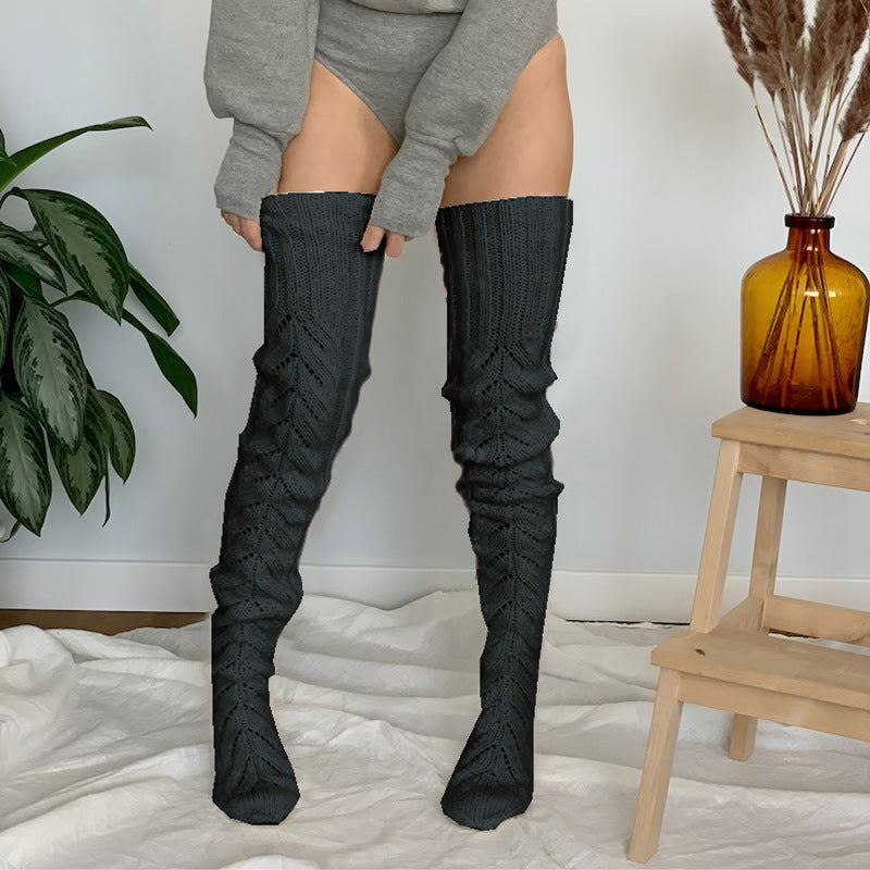 Autumn and Winter Solid Color Hollow Mesh Long Tube Knee Stacking Socks Women's Fashion Knitted Wool Socks