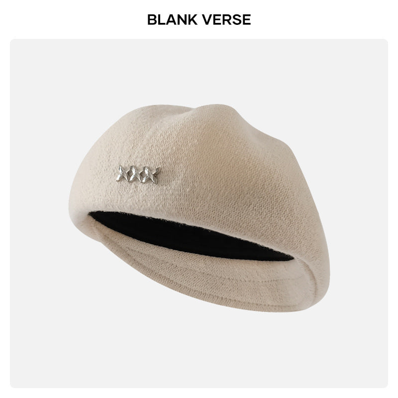 Autumn and Winter New Metal Standard Beret Children Big Head Circumference Show Face Small Reverse Wear Woolen Forward Hat