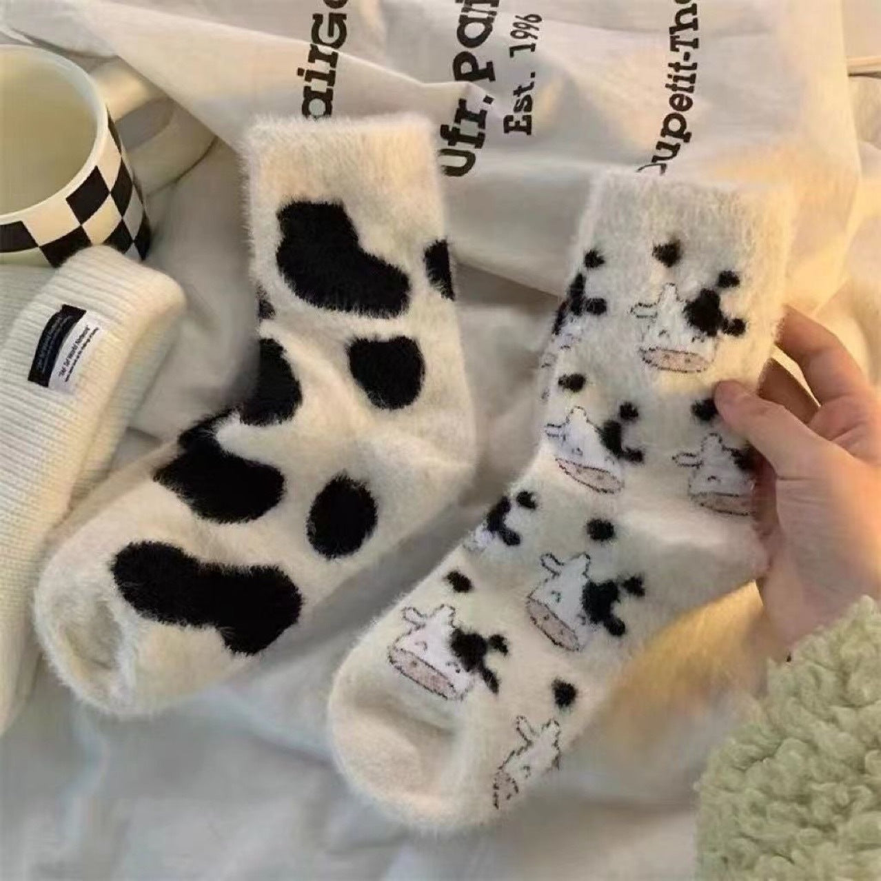 5PRS-Cartoon Mink Fleece Women's Thickened Warm Cute Fluffy Home Floor Socks Confinement Sleep Sock