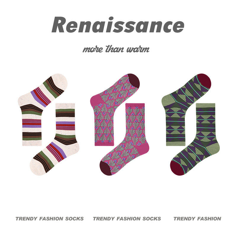 Vintage Renaissance Women’s/Kids’ Thermal Socks - Retro Combed Cotton, Fall-Winter Trendy Design-3PRS