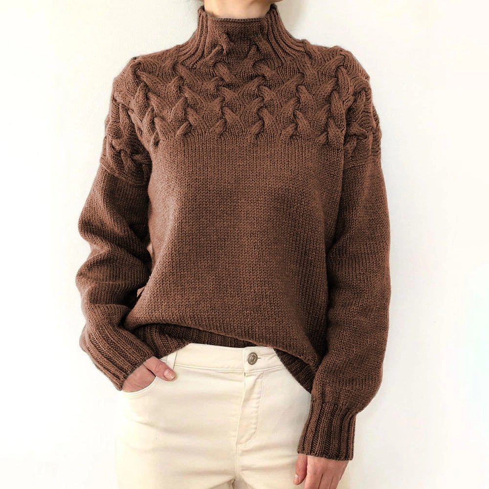 Women's Fashion Cable Knitted Detail Turtleneck Long Sleeve Sweater Women