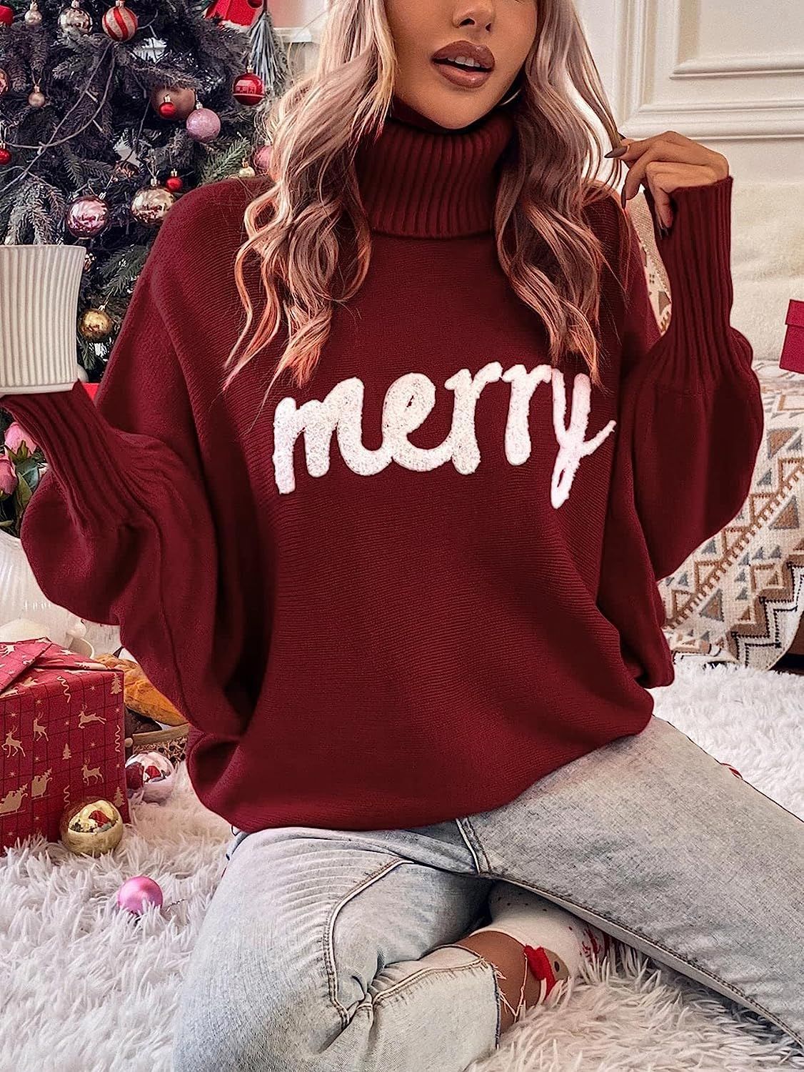 Christmas Turtleneck Sweater Women's Clothing Amazon Autumn and Winter Loose Bat Sleeves Outer Wear Knitted Top Women