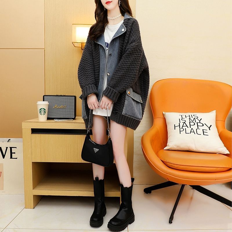 Autumn New Lazy Style Fake Two Pieces Design Loose Knitted Sweater Jacket Cardigan
