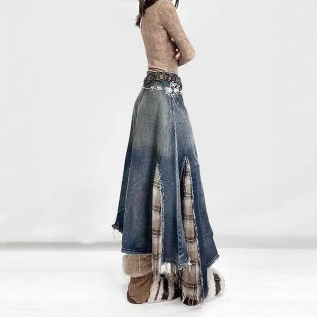 Vintage Grunge Plaid Maxi Skirt: Distressed Raw-Hem High Waist A-Line Thin Y2K Indie Fashion