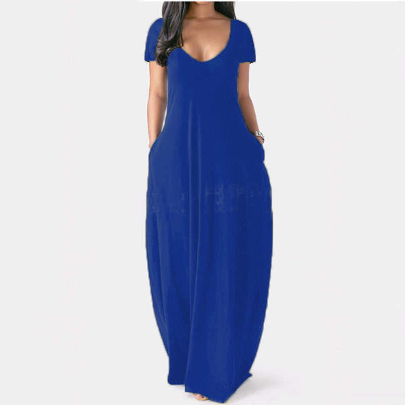 Summer Trending Plus Size Solid Color Maxi Dress - Sexy Deep V-Neck Short Sleeve