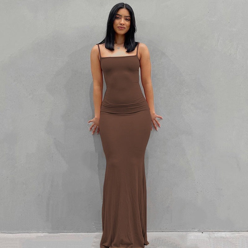 2025 Solid Color Women's Dress Slim Peach Hip Suspender Long Fishtail Skirt