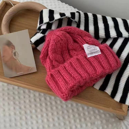 2PCS- Women's Rough Knitted Hat-Autumn and Winter Versatile Big Head Circumference Green Loose Ins Tide Shows Small Face