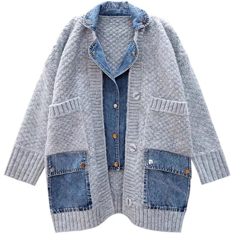 Autumn New Lazy Style Fake Two Pieces Design Loose Knitted Sweater Jacket Cardigan