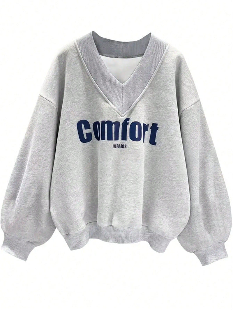 Trendy Brand Autumn New Gray Sweater Women's Fashion Casual Loose Versatile V-neck Top