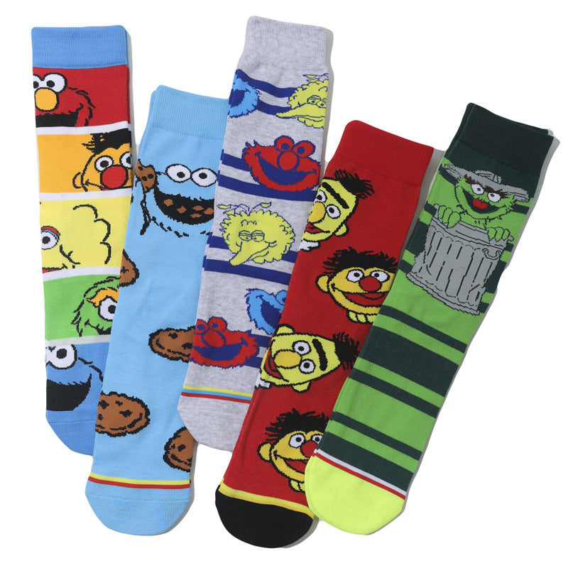 Wholesale Men's Cartoon Socks Cotton Medium Tube Tide Socks Sesame Street Cute Women Ins Socks-5PRS