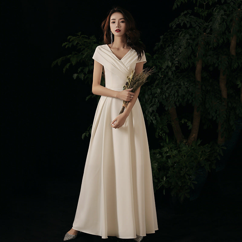 White Annual Meeting Evening Dress New Spring and Winter Banquet Temperament Satin Wedding Certificate Travel Photo Light Wedding Dress V-neck