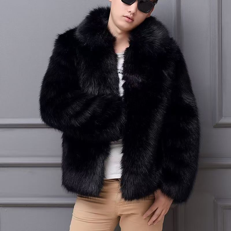 Luxury Faux Fur Coat Men - Thickened Mink & Fox Trim Jacket | Premium Winter Outerwear Black